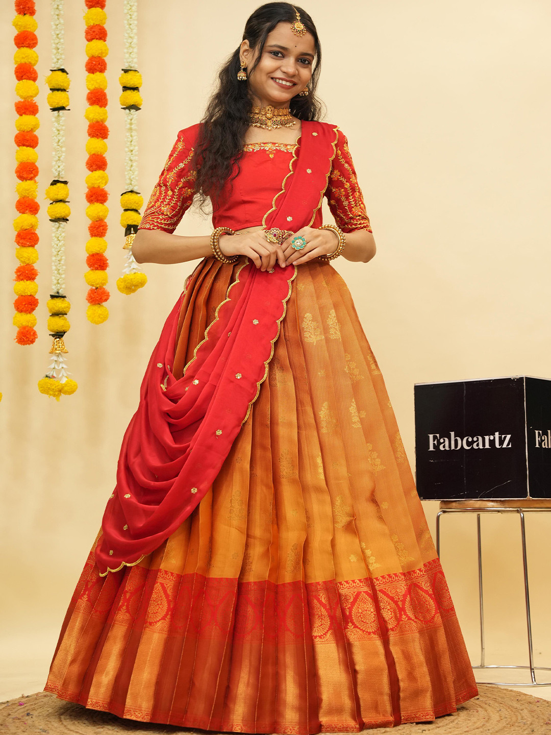

Fabcartz Embroidered Semi-Stitched Lehenga & Unstitched Blouse With Dupatta, Orange
