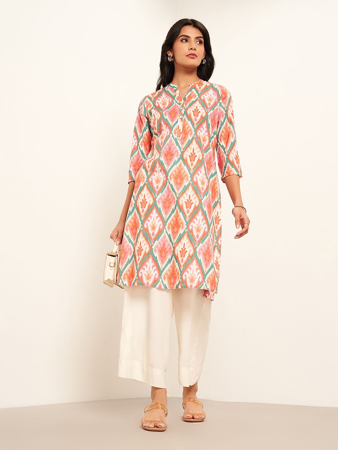 

RANGMANCH BY PANTALOONS Ethnic Motifs Printed Mandarin Collar Pure Cotton Straight Kurtas, Pink