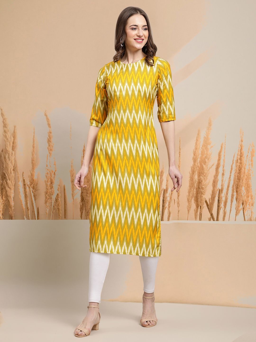 

7Threads Selection of 5 Chevron Printed Round Neck Straight Kurtas, Yellow