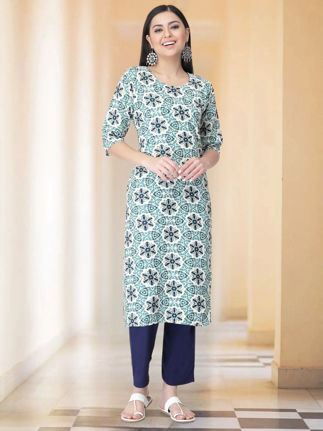 

7Threads Selection Of 2 Ethnic Motifs Printed Round Neck Straight Kurtas With Trousers, Sea green