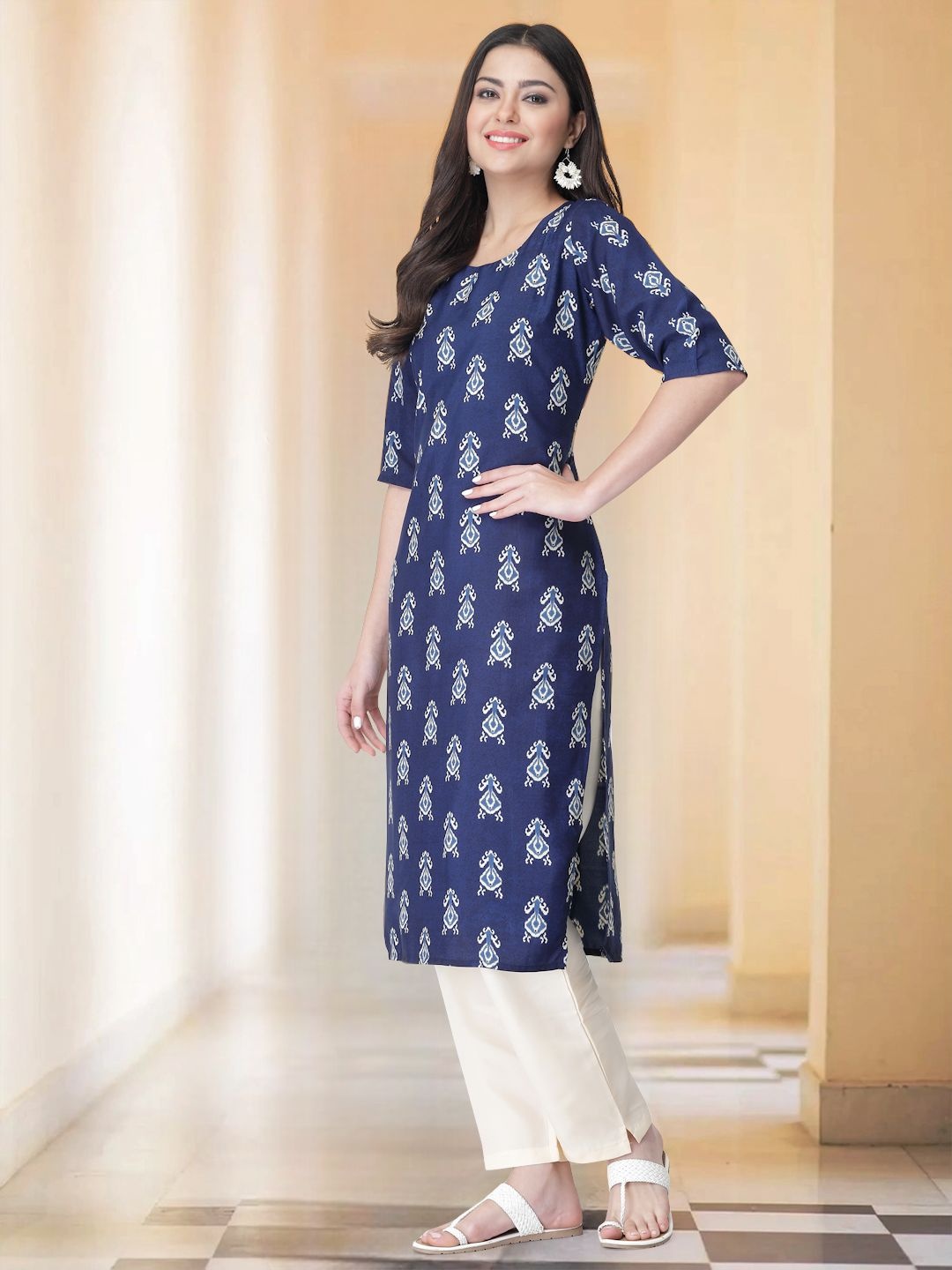 

7Threads Selection Of 2 Ethnic Motifs Printed Straight Kurtas With Trousers, Navy blue