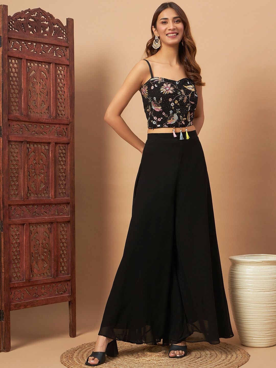 

Chhabra 555 Thread & Sequence Embellished Georgette Co-Ords with Floral Embroidered Cape, Black