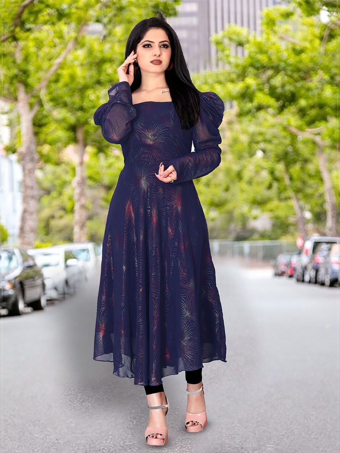 

BINDUDI Printed Square Neck Anarkali Kurta, Navy blue