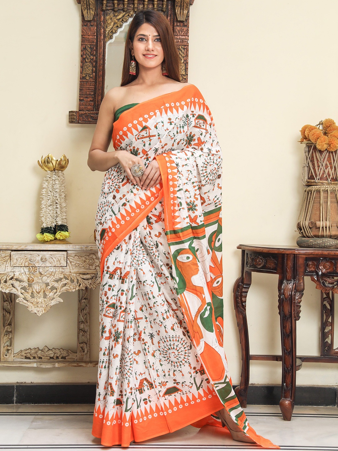 

Craft Musium Floral Pure Cotton Bagru Saree, Orange