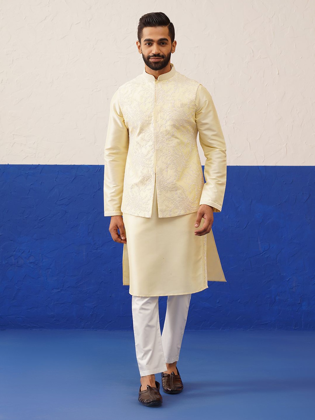 

TheEthnic.Co Men Mandarin Collar Dupion Silk Kurta with Trouser & Jacket, Yellow