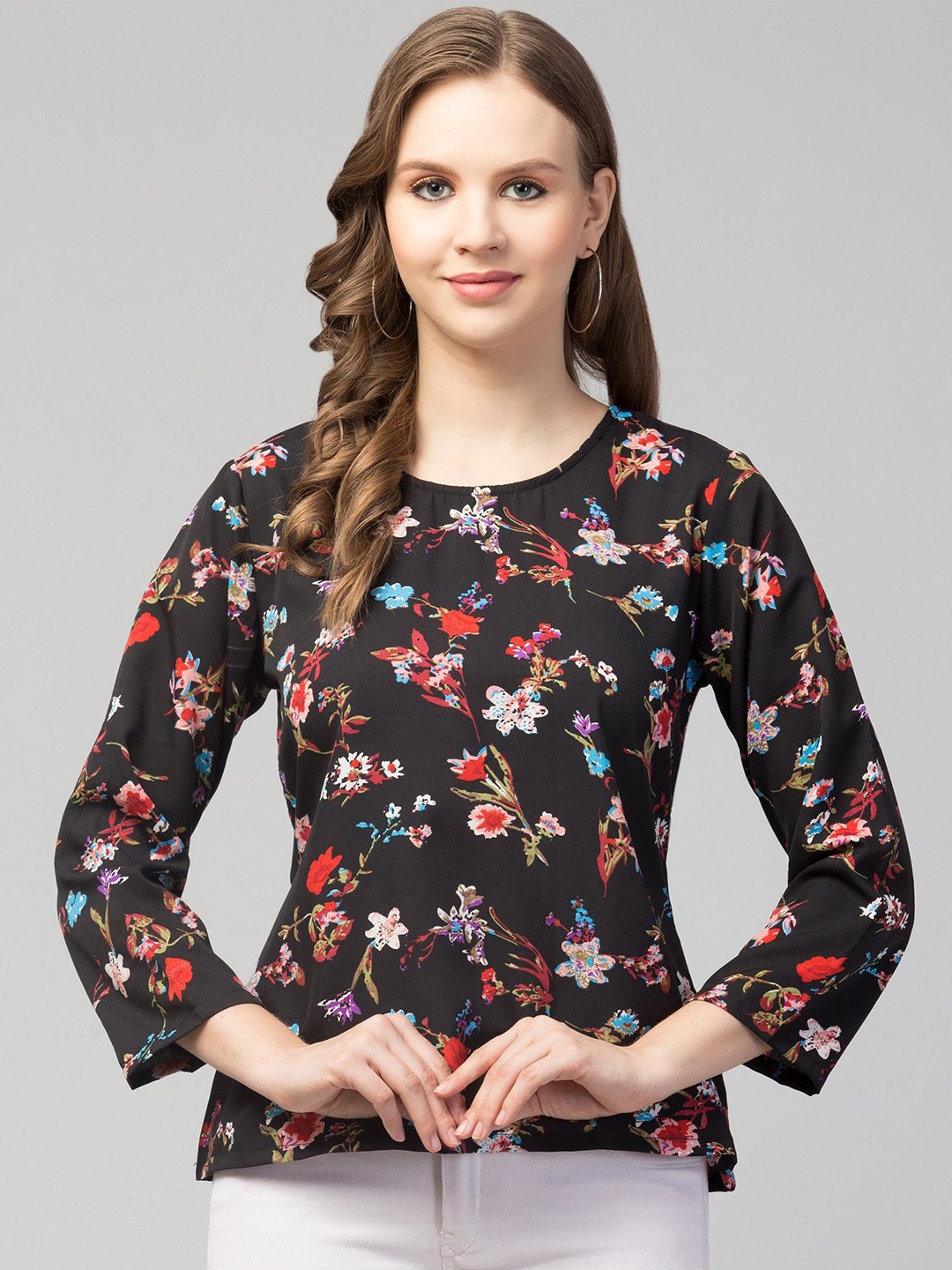 

CULPI Floral Print Crepe long Top, Black