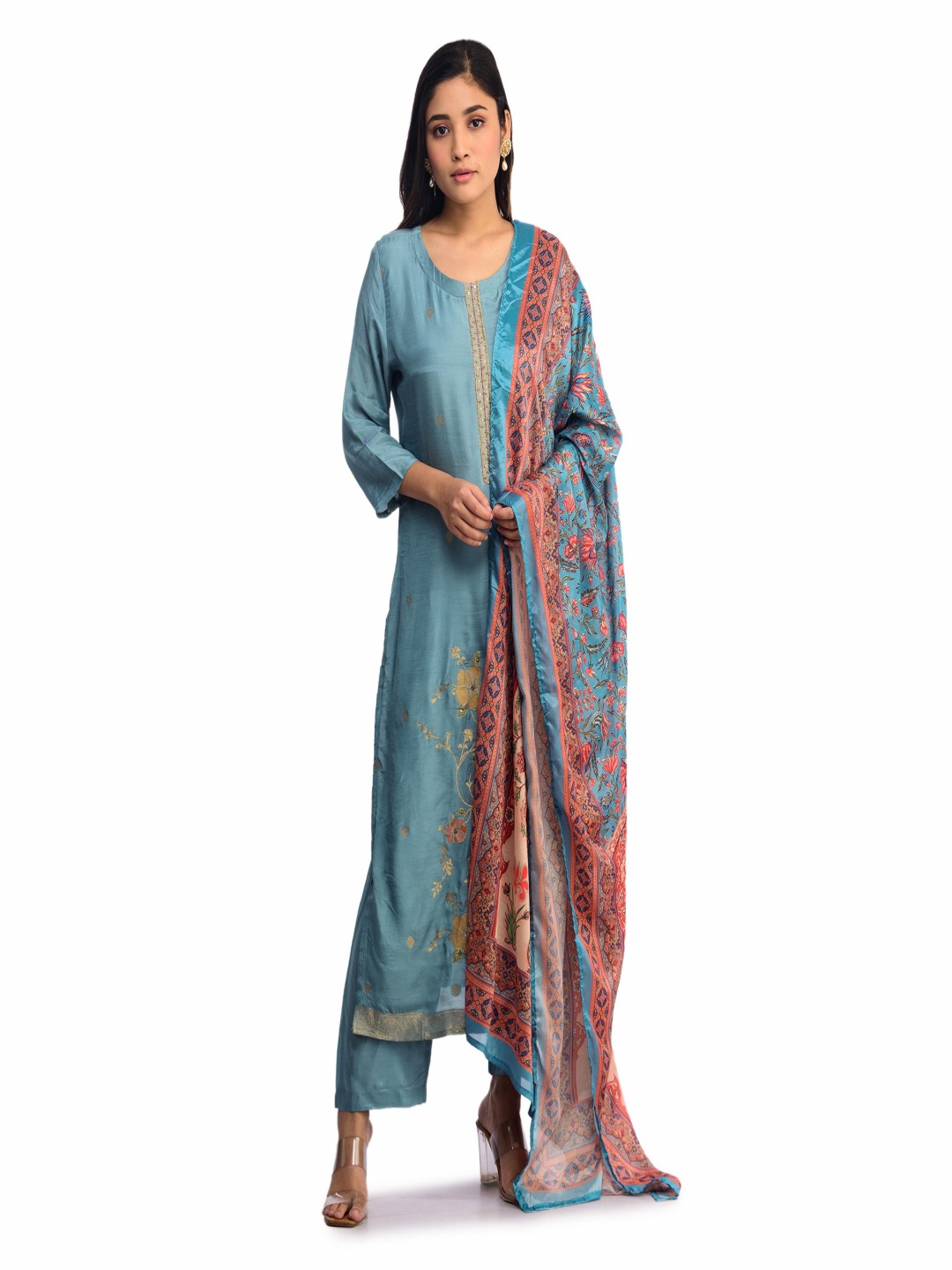 

ISHKIYA Floral Embroidered Round Neck Straight Kurta With Trouser And Dupatta, Blue