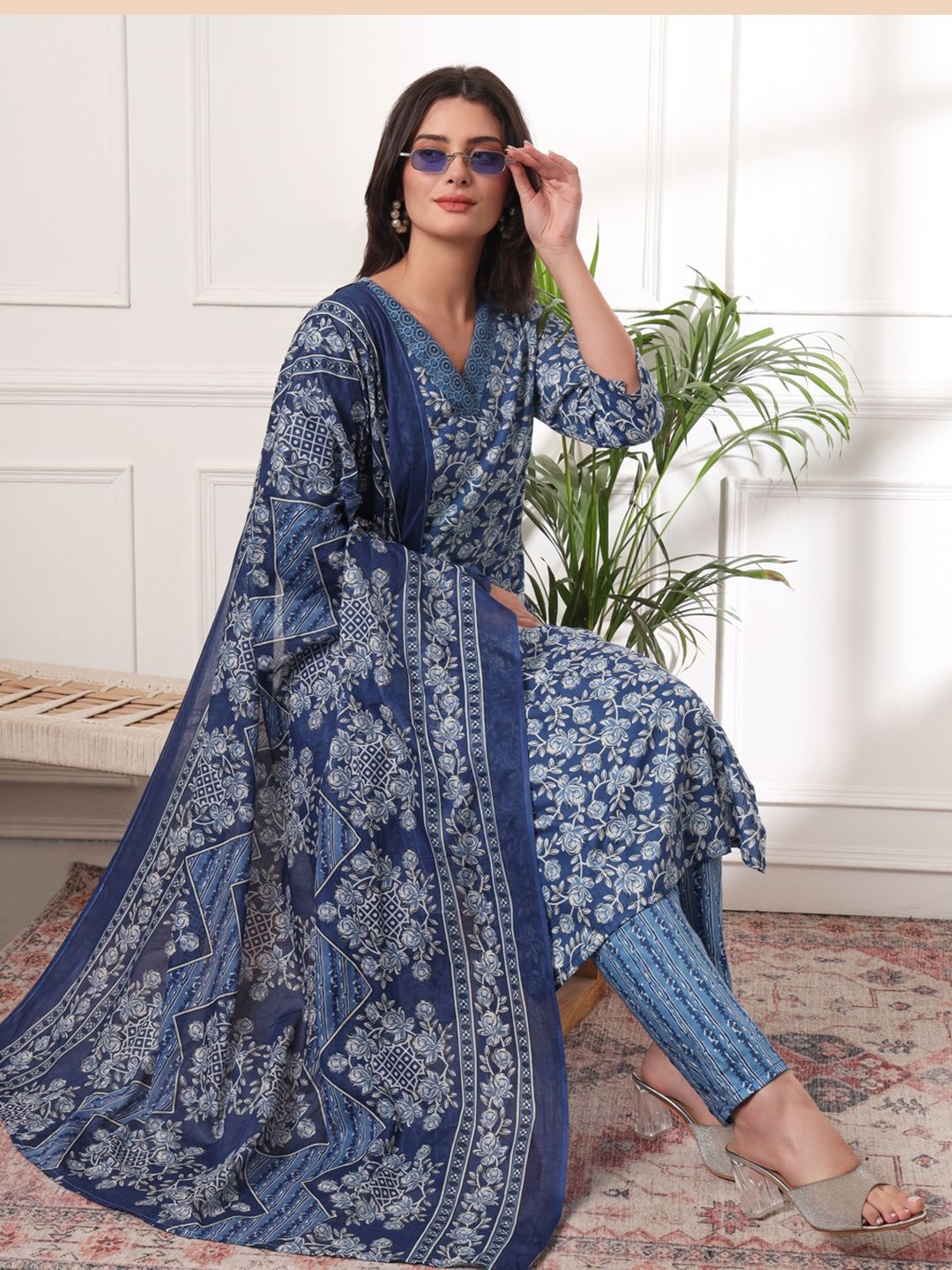 

KALINI Floral Printed V-Neck Pure Cotton Kurta With Trousers And Dupatta, Blue