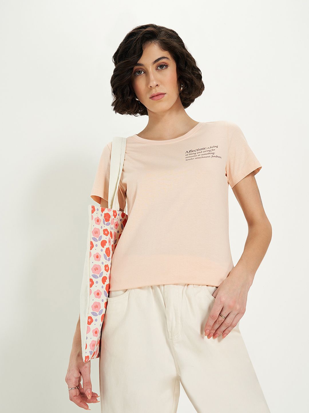 

Honey by Pantaloons Women Printed Cotton T-shirt, Peach