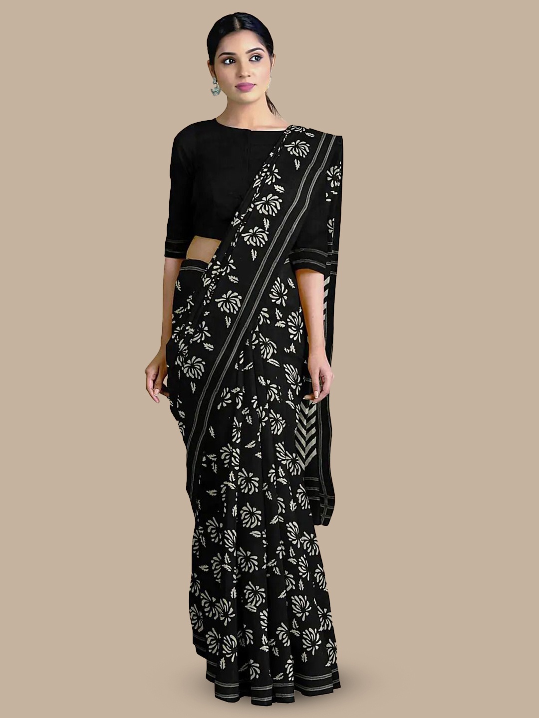 

Craft Musium Floral Pure Cotton Bagru Saree, Black