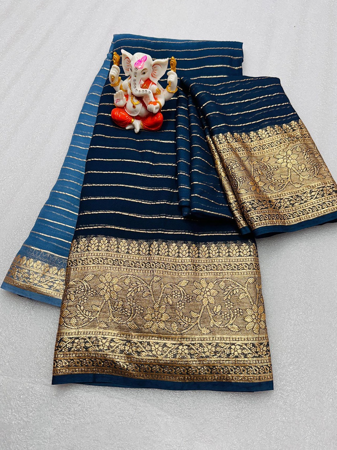 

PAYAL CREATION Striped Zari Pure Georgette Maheshwari Saree, Blue