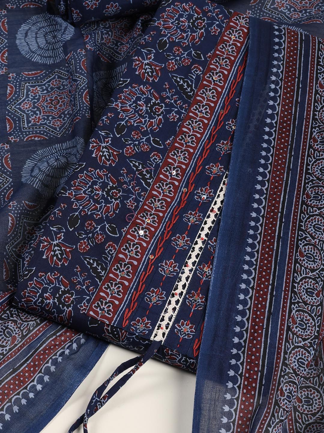 

Meena Bazaar Printed Unstitched Dress Material, Navy blue