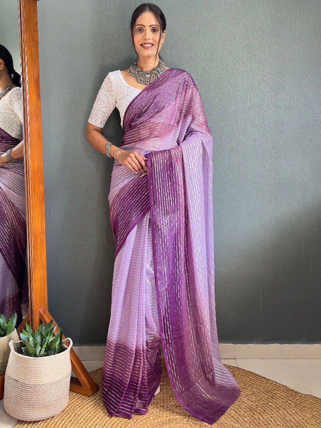 

Aika Striped Pure Silk Saree, Purple