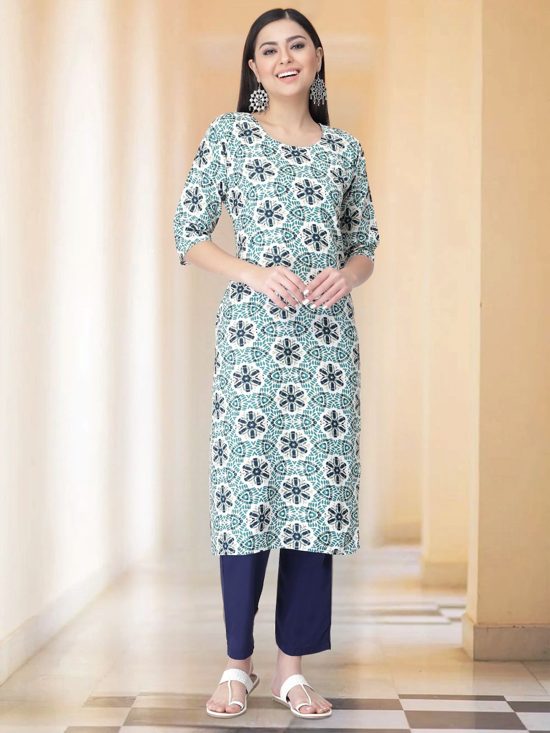 

7Threads Selection Of 2 Ethnic Motifs Printed Round Neck Straight Kurtas With Trousers, White