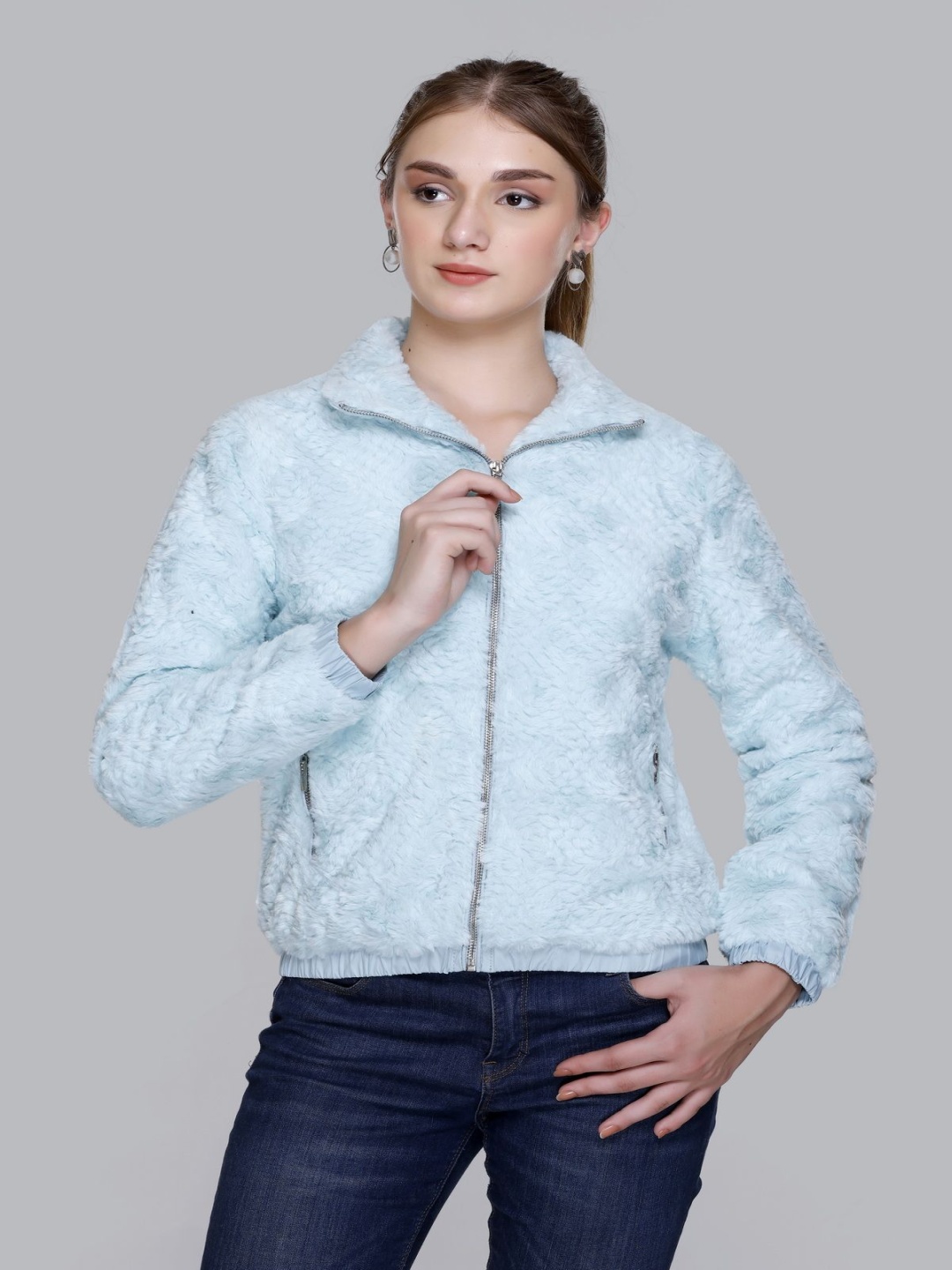 

DIONA Women Mock Collar Self Design Woollen Casual Parka Jacket, Blue