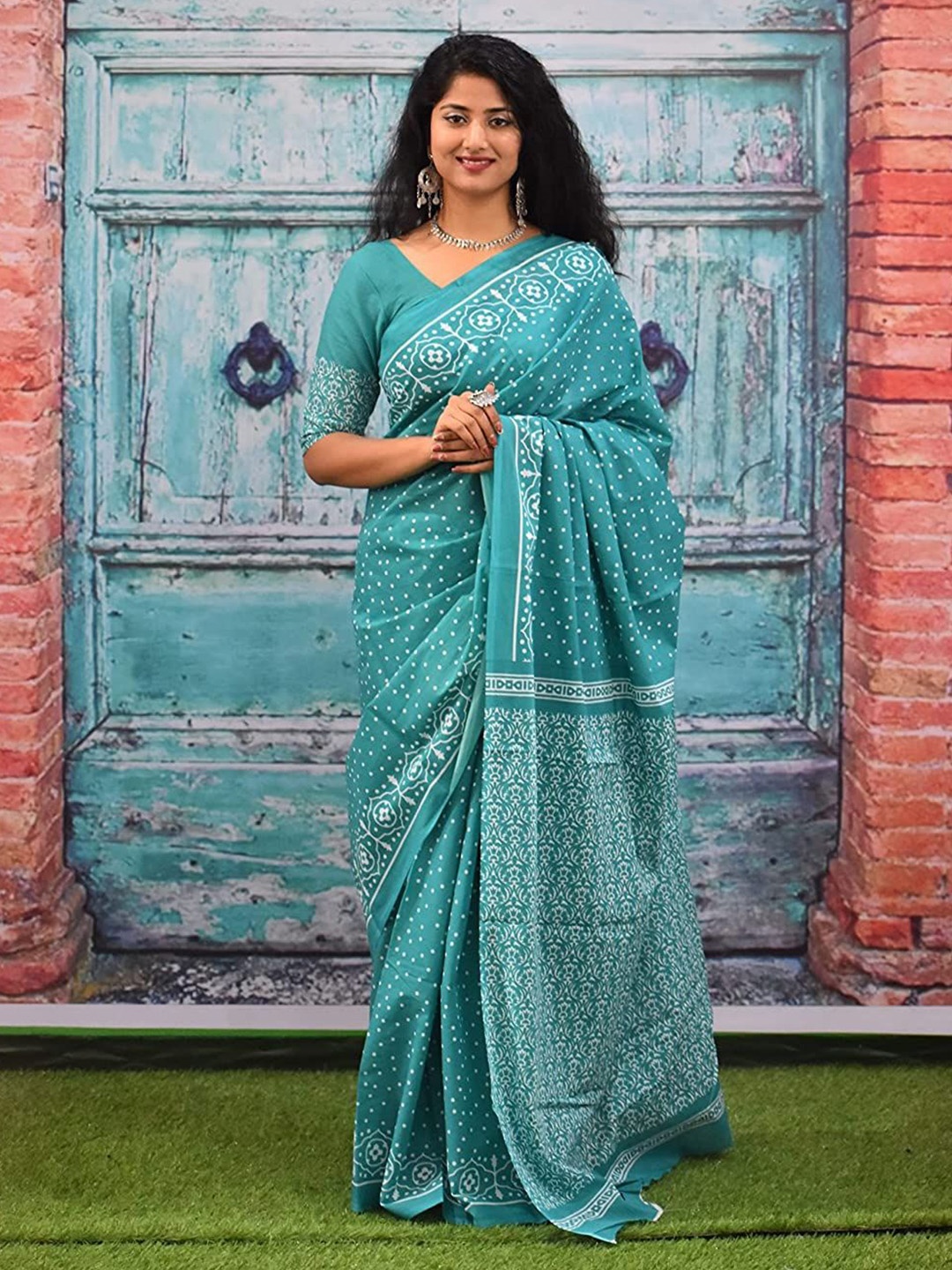

Craft Musium Floral Pure Cotton Bagru Saree, Green
