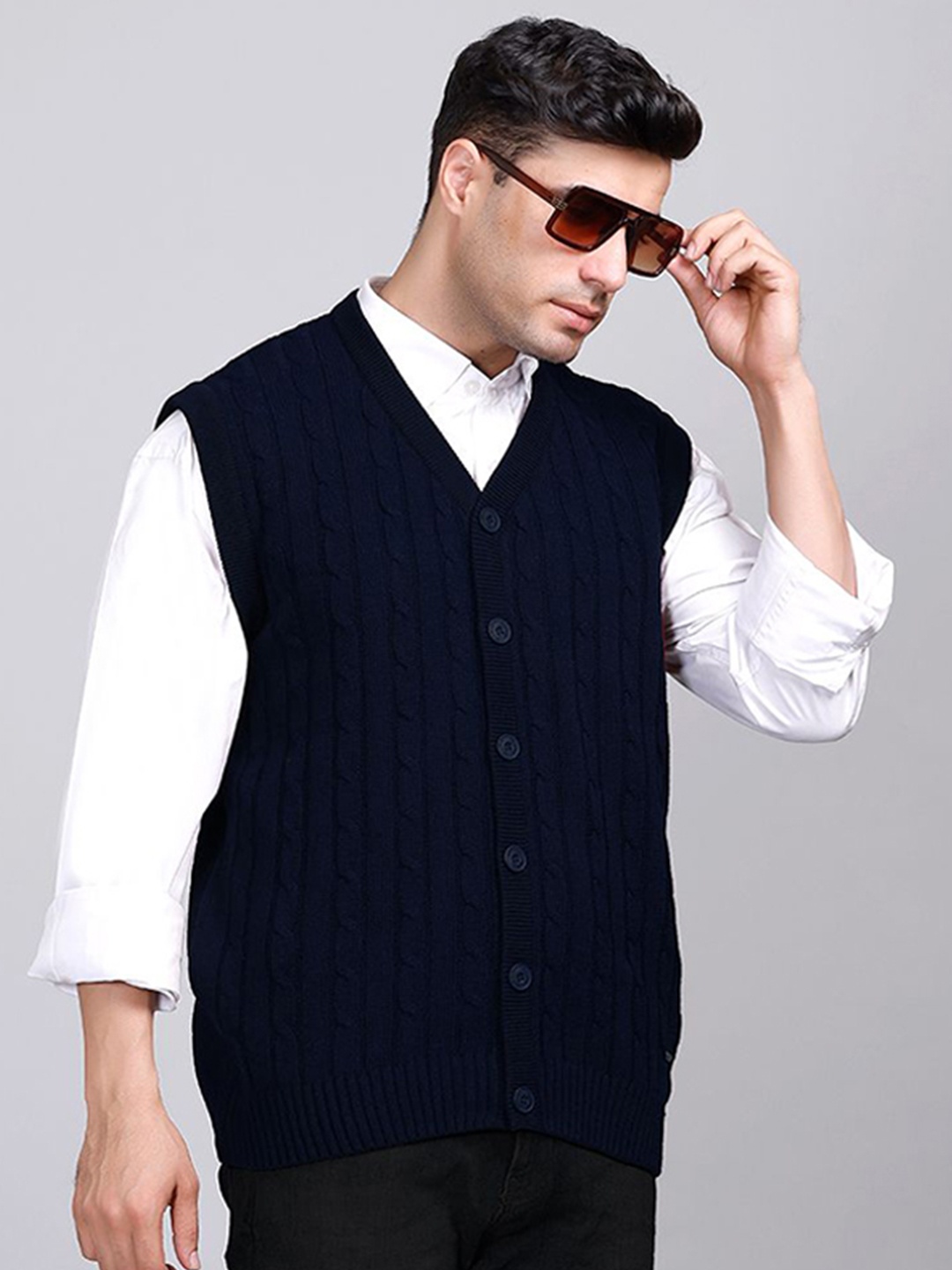 

GODFREY Men Cable Knit Woollen Cardigan Sweaters, Navy blue