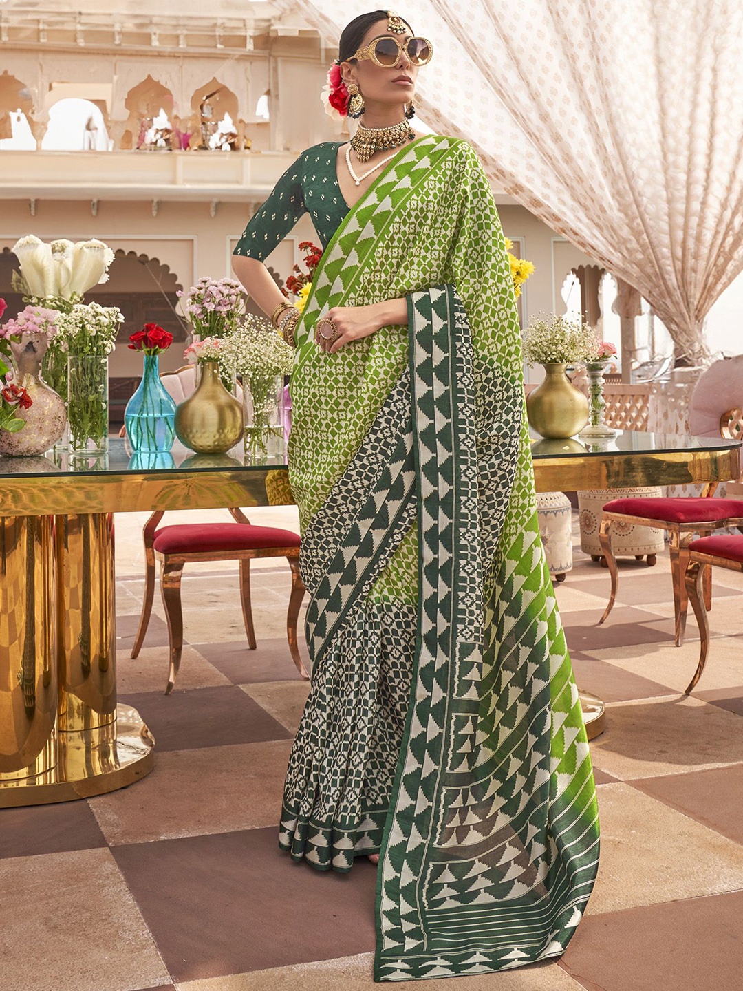 

Geometric elora Saree, Green