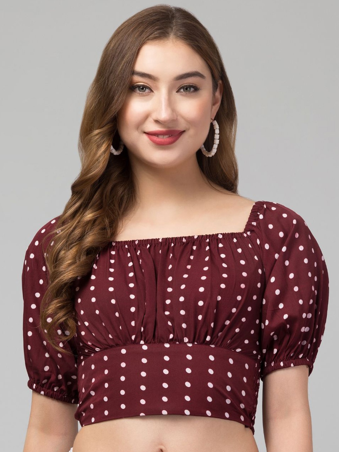 

CULPI Women Polka Dots Printed Puff Sleeves Crop Top, Maroon