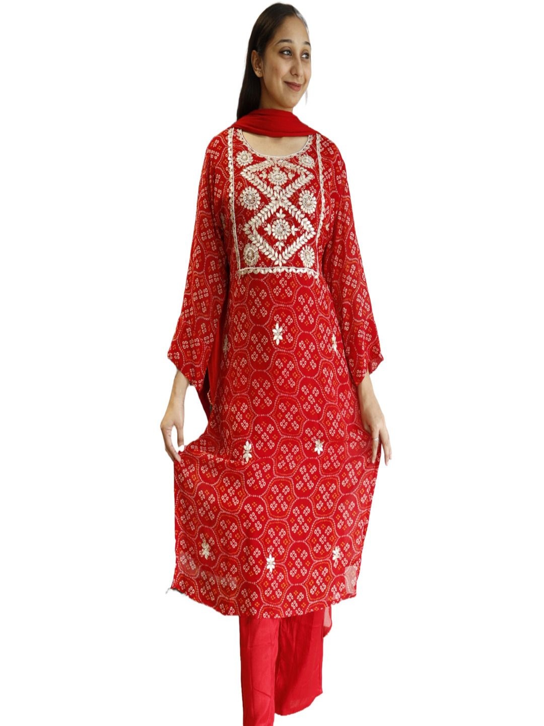 

M&Y Pehnava Bandhani Printed Mukaish Pure Cotton Straight Kurta With Trousers And Dupatta, Red