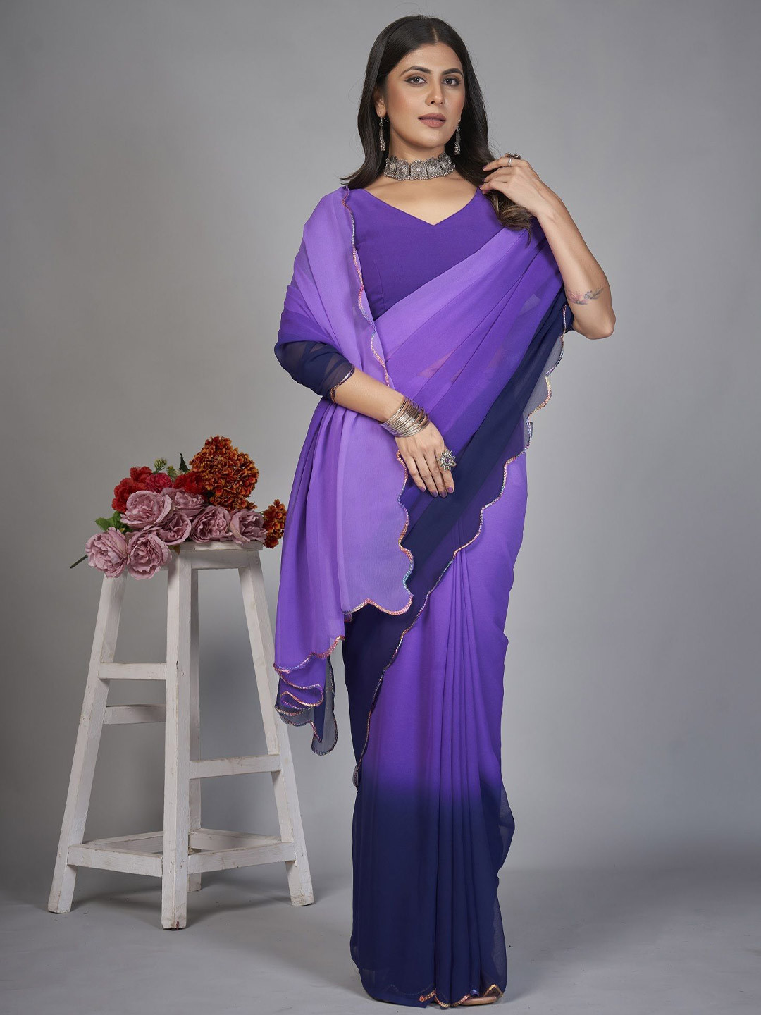

Aika Ombre Embroidered Pure Silk Saree, Purple