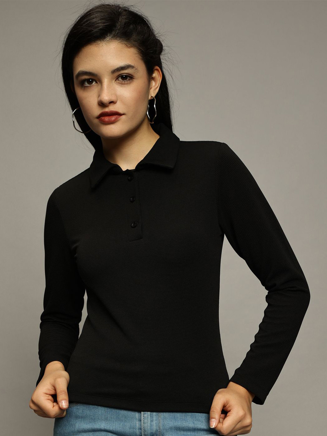 

The Roadster Lifestyle Co. Women Solid Polo Collar Slim Fit T-shirt, Black