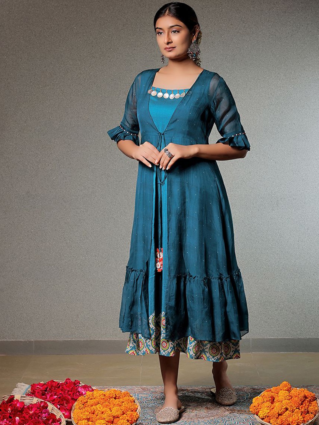 

SUKRUTI DESIGN Women Polka Dots Printed Fit & Flare Midi Ethnic Dresses With Shrug, Blue