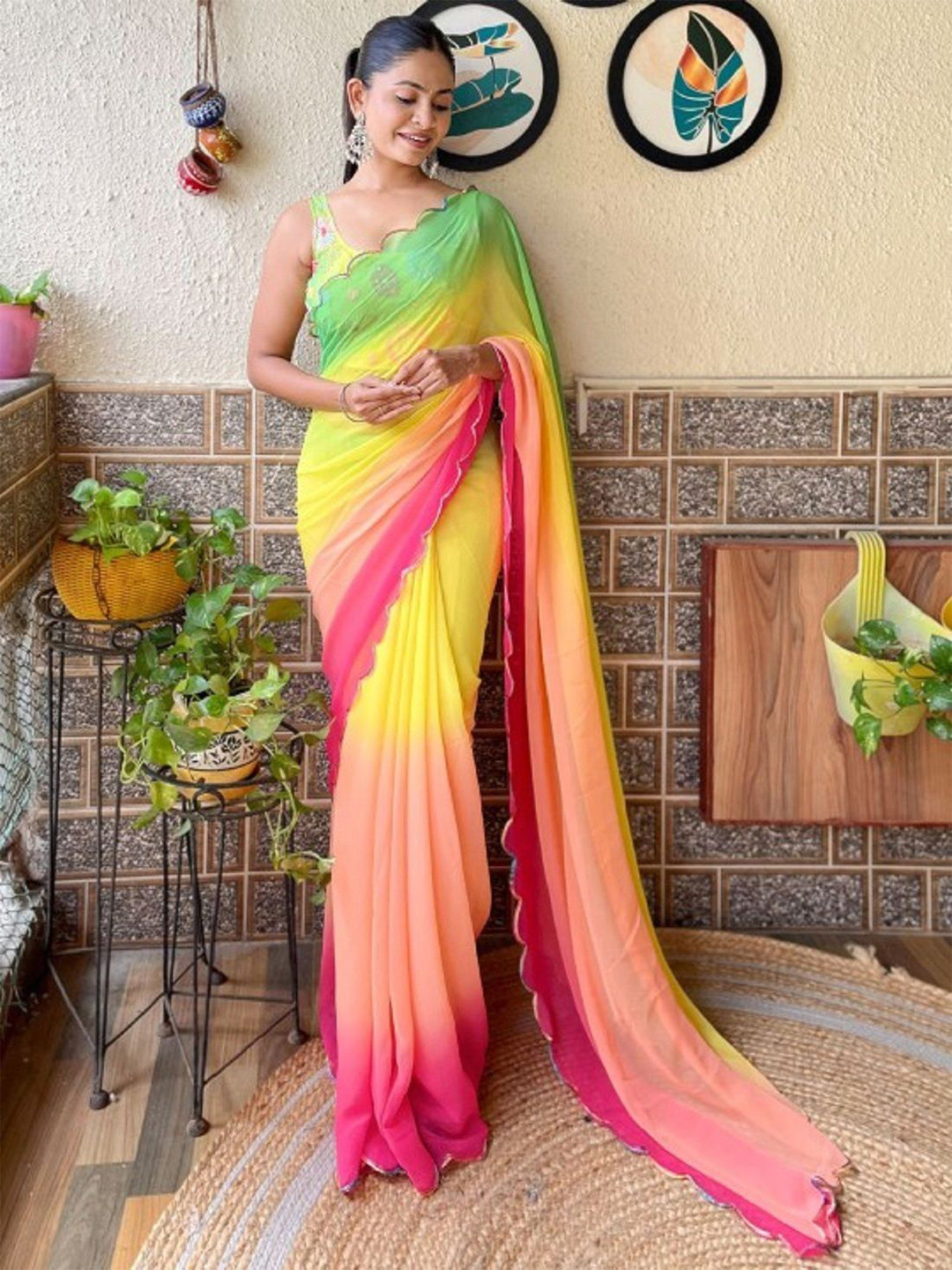 

Aika Ombre Embroidered Net Saree, Yellow