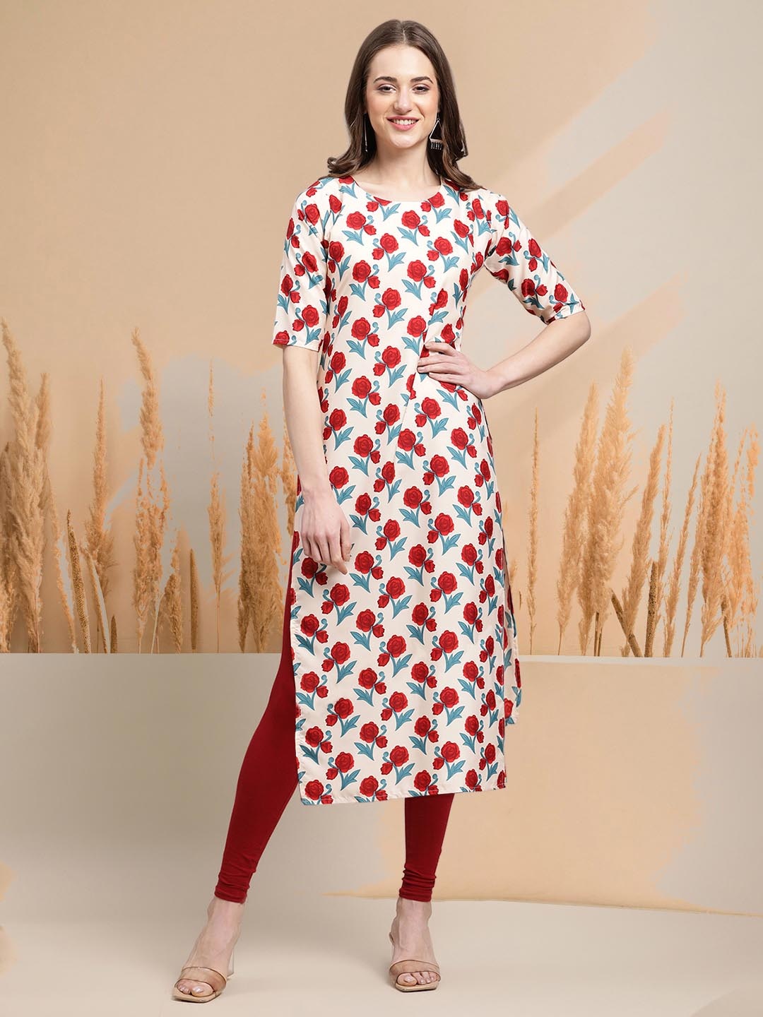 

7Threads Selection Of 6 Floral Printed Round Neck Straight Kurtas, Beige