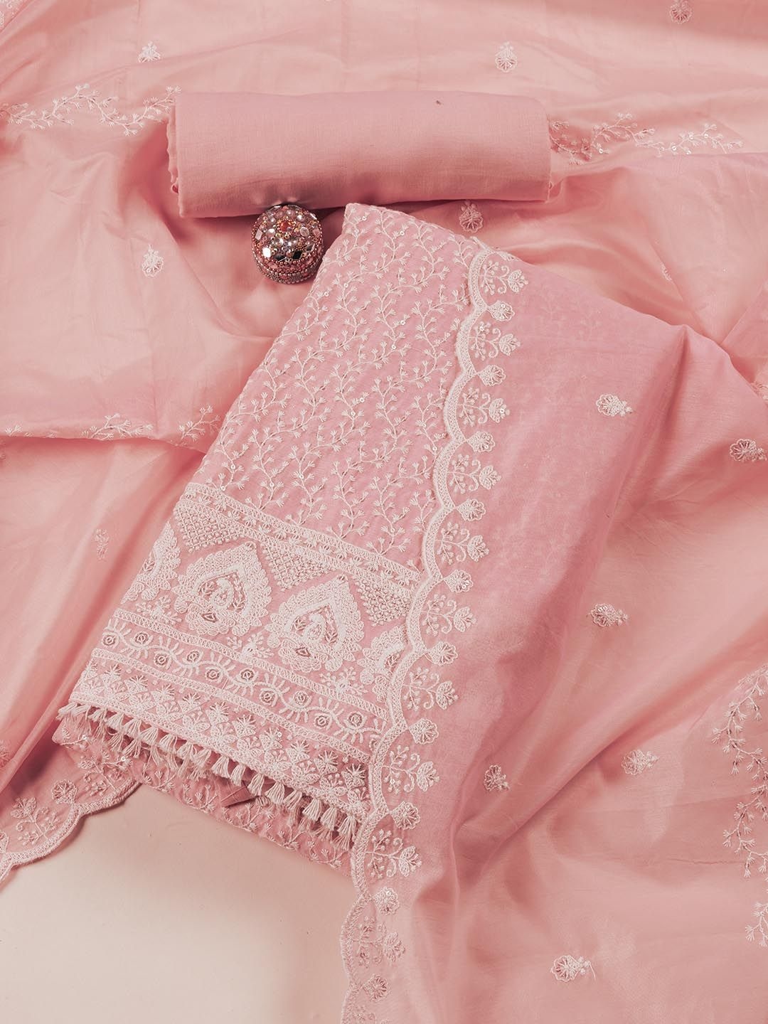 

Meena Bazaar Embroidered Art Silk Unstitched Dress Material, Peach