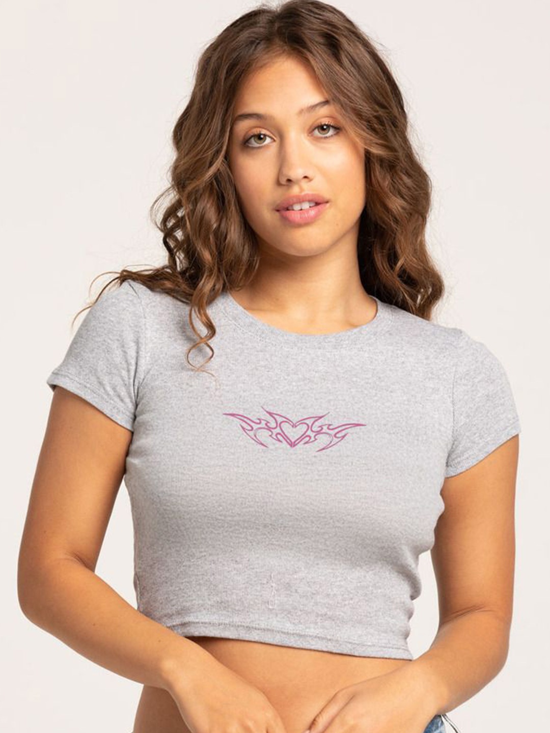 

sollobell Women Printed Cotton Fitted Crop Top, Grey