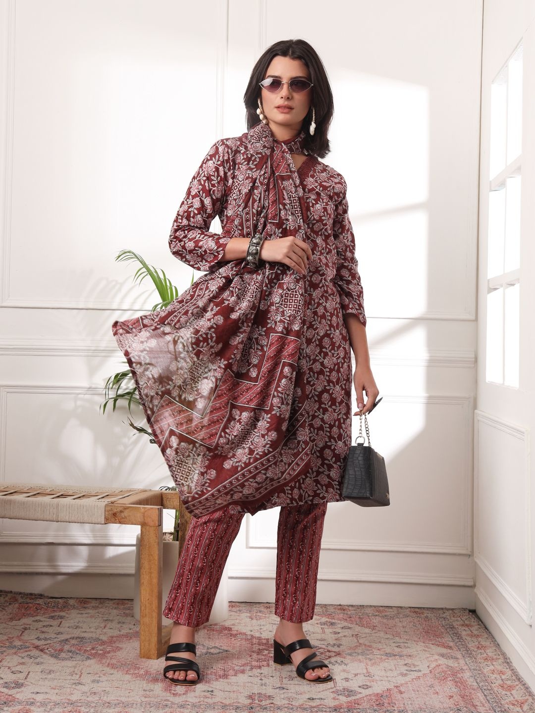 

KALINI Floral Printed V-Neck Pure Cotton Kurta With Trousers And Dupatta, Maroon