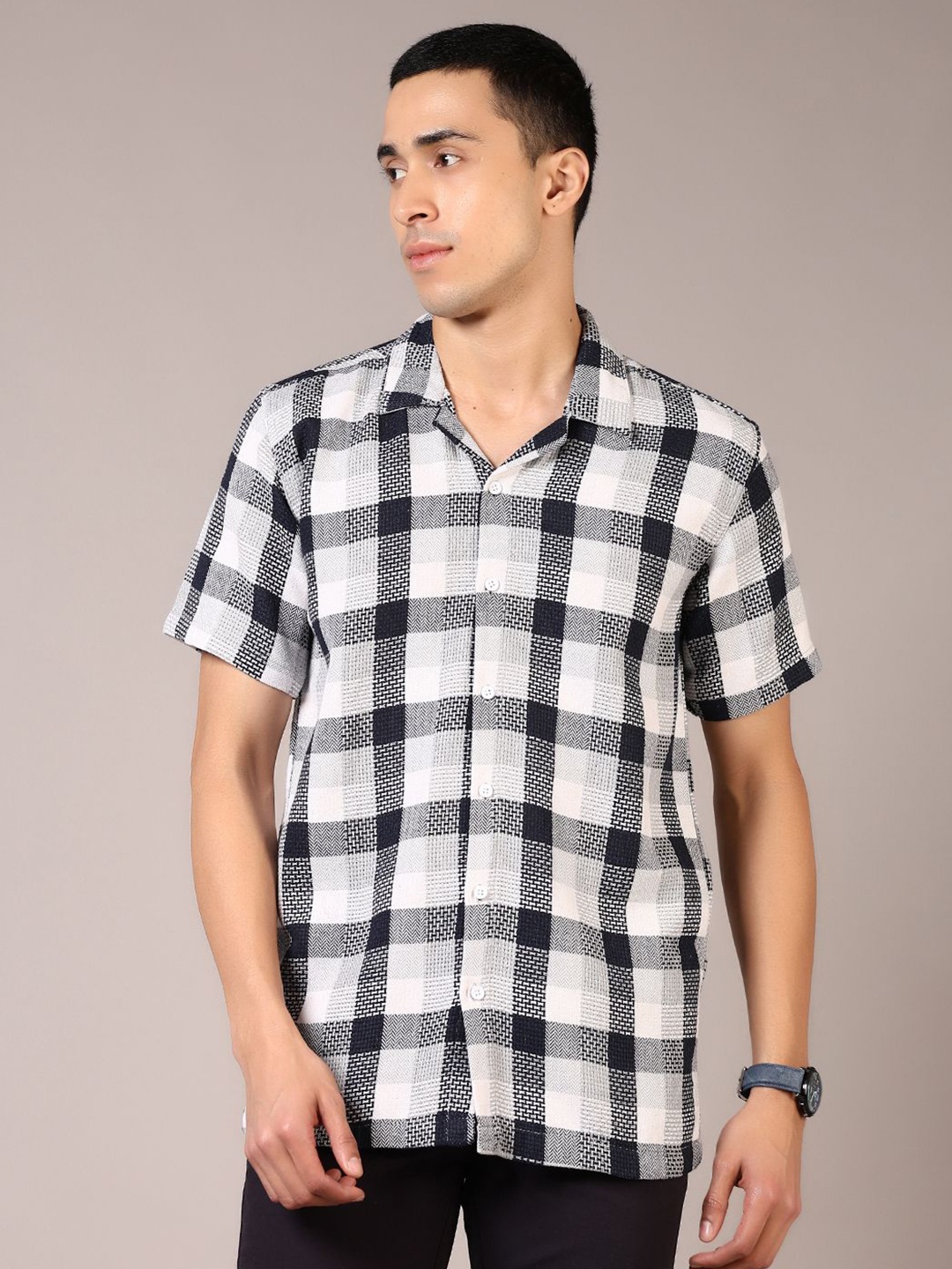 

V-Mart Men Cuban Collar Gingham Checked Cotton Casual Shirt, White