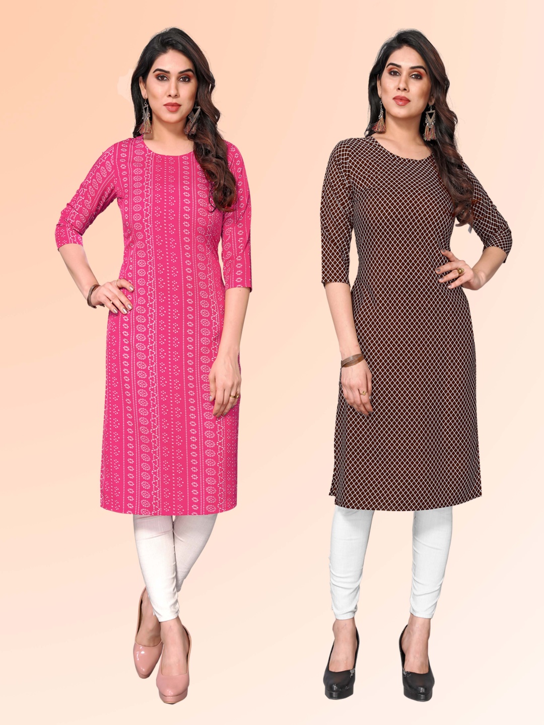 

KETAKI FASHION Selection Of 2 Bandhani Printed Round Neck Straight Kurtis, Pink