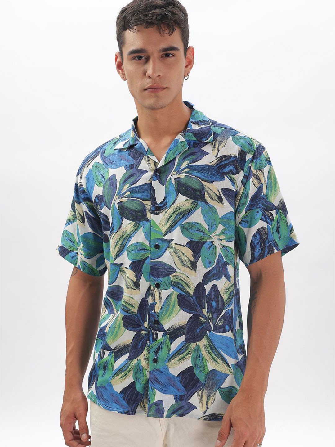 

BUMCHIQ Men Comfort Relaxed Fit Cuban Collar Floral Printed Cotton Casual Shirt, Teal