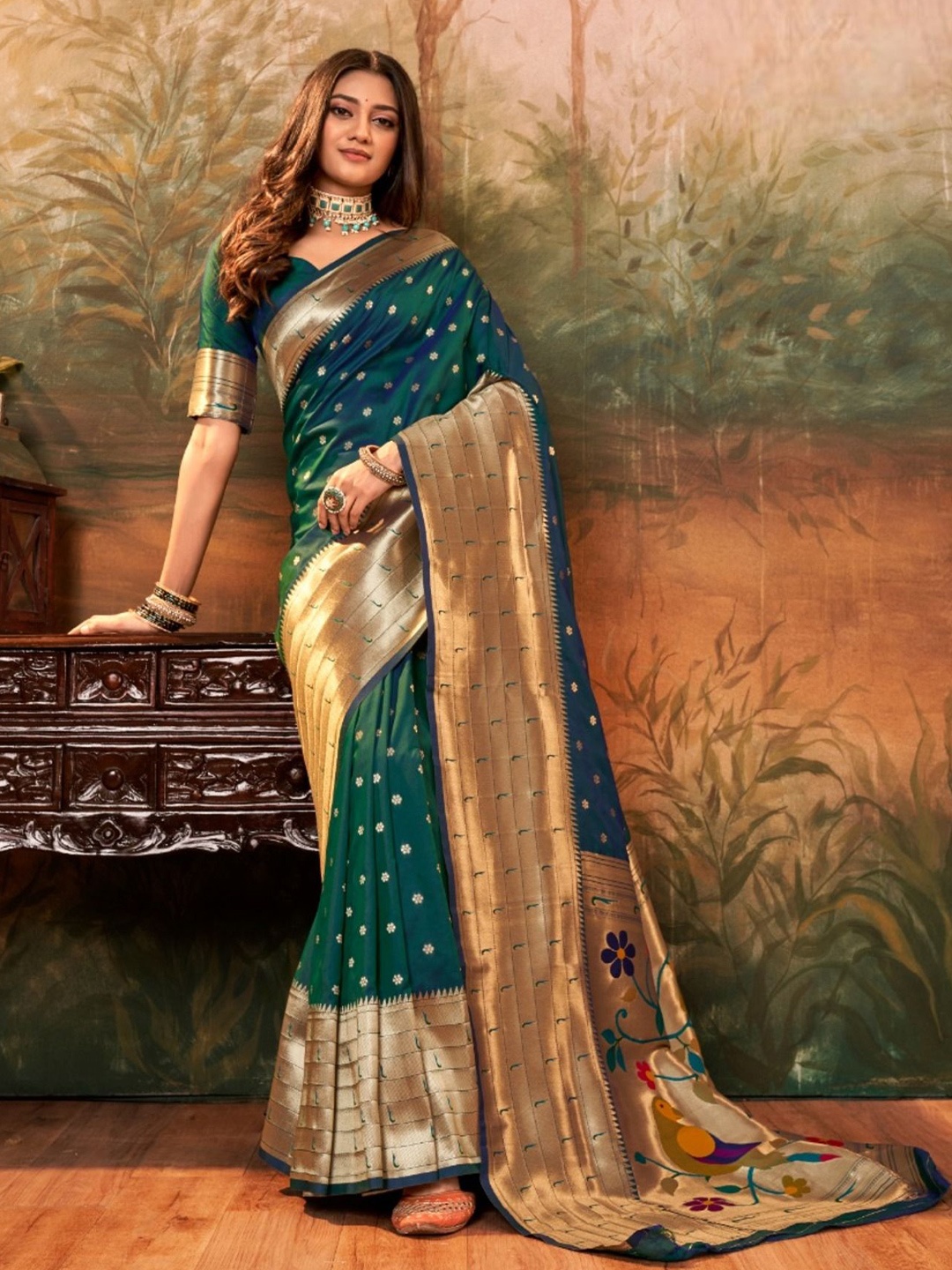 

Panzora Woven Design Zari Paithani Saree, Green