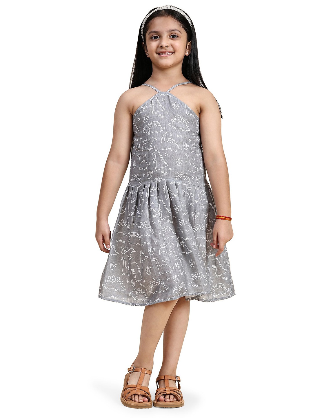 

Funny Bones Clothings Girls Cartoon Characters Printed A-Line Knee Length Dress, Grey