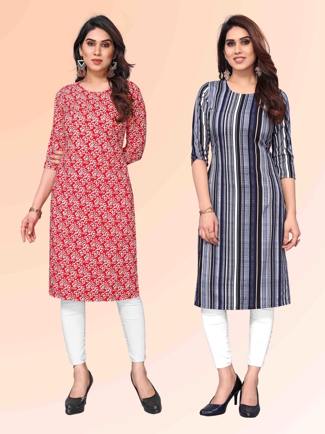 

KETAKI FASHION Selection Of 2 Floral Printed Straight Kurtas, Red