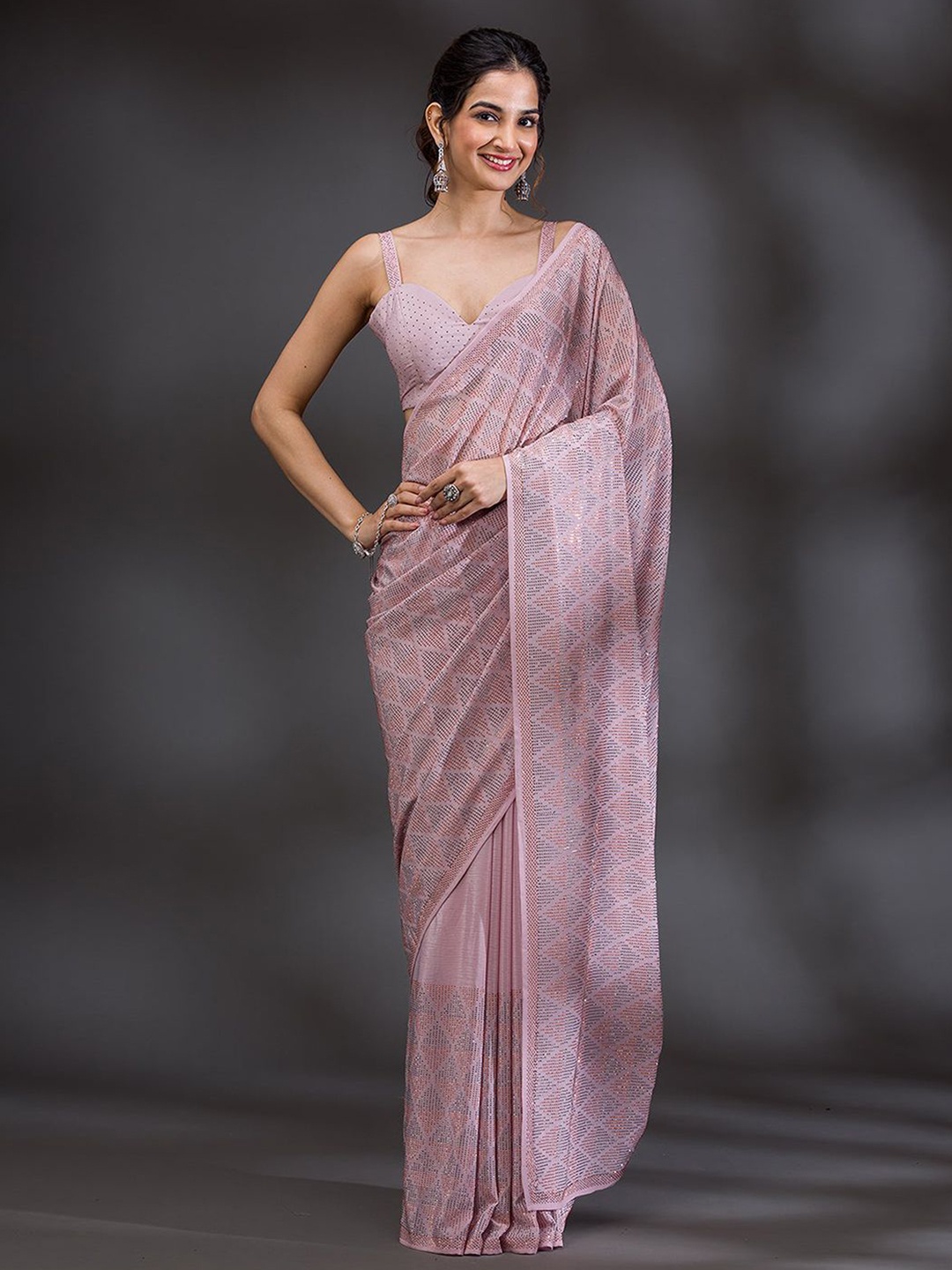 

Trendmalls Embellished Beads and Stones Pure Chiffon Saree, Pink
