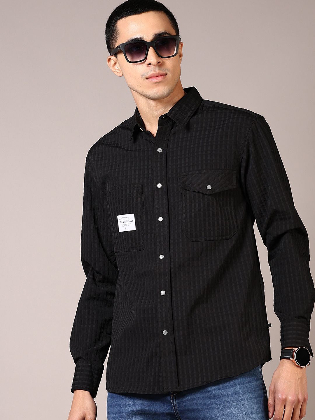 

V-Mart Men Spread Collar Vertical Striped Cotton Casual Shirt, Black