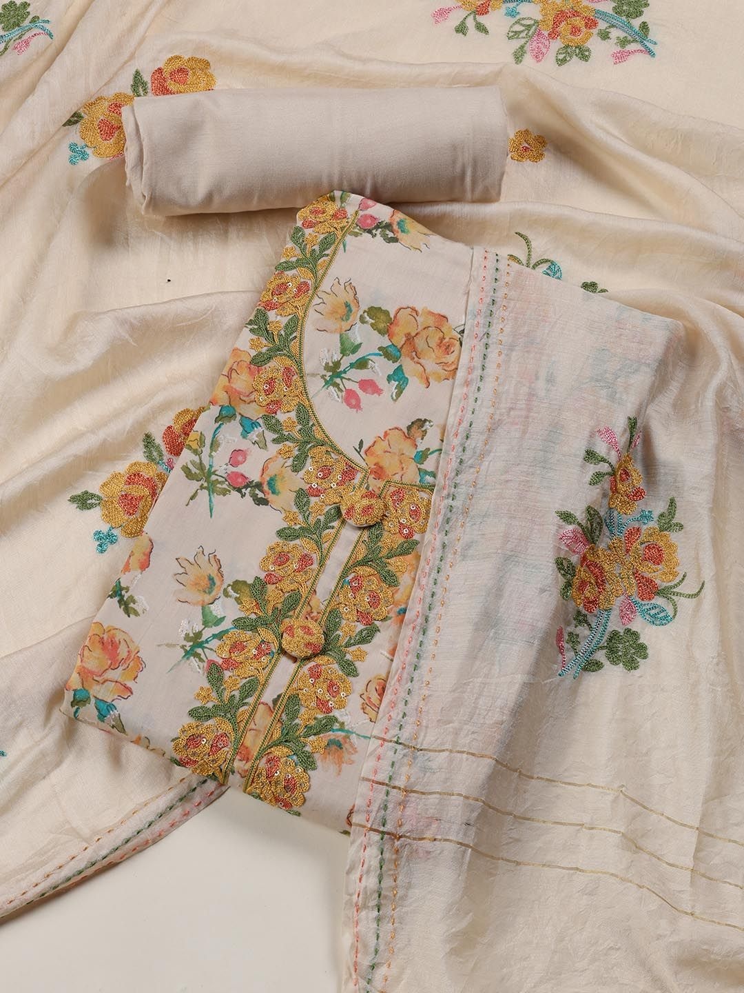 

Meena Bazaar Printed Unstitched Dress Material, Cream