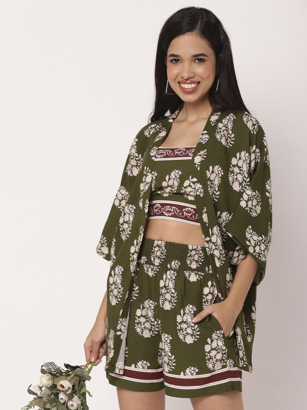 

Moomaya Floral Printed Sleeveless Top With Shorts & Shrug, Olive