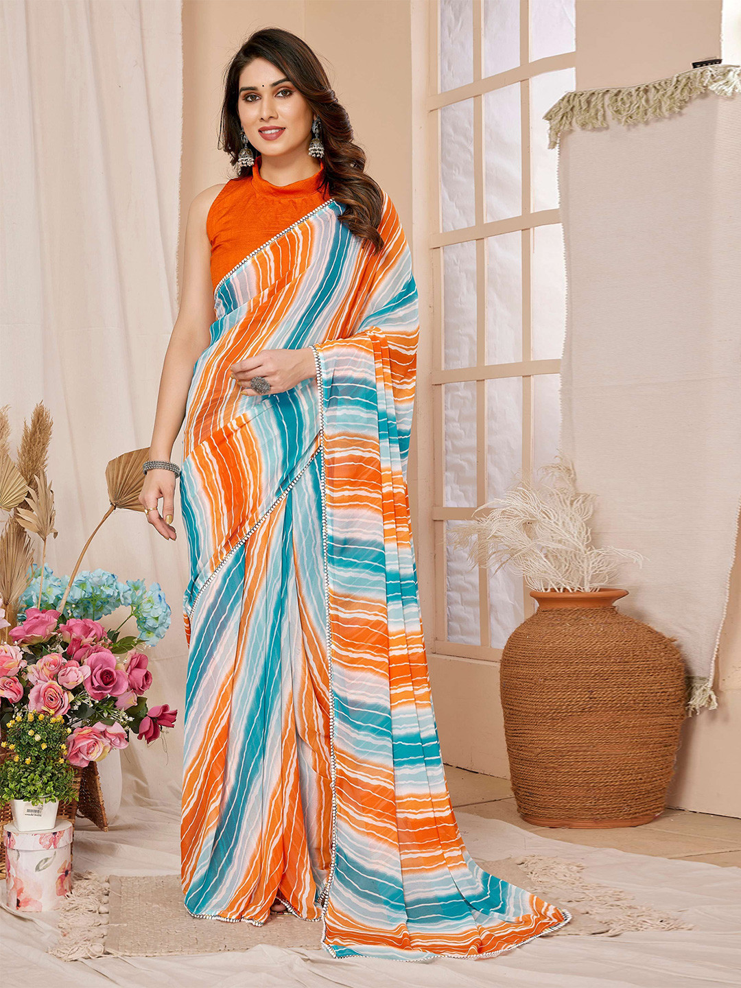 

Upalksh Striped Embroidered Kota Saree, Orange