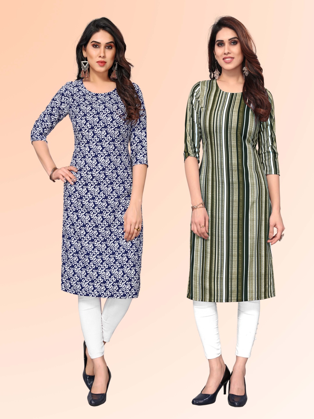 

KETAKI FASHION Selection Of 2 Floral Printed Round Neck Straight Kurtas, Black