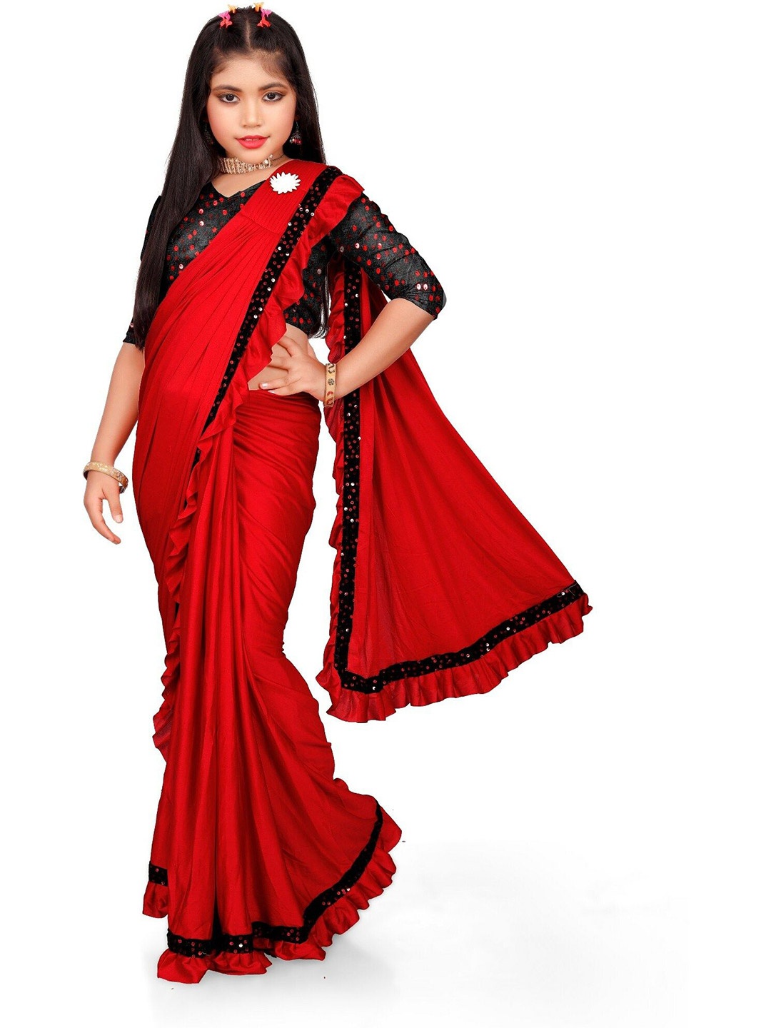 

Aika Embellished Sequinned Satin Ruffles Saree, Red