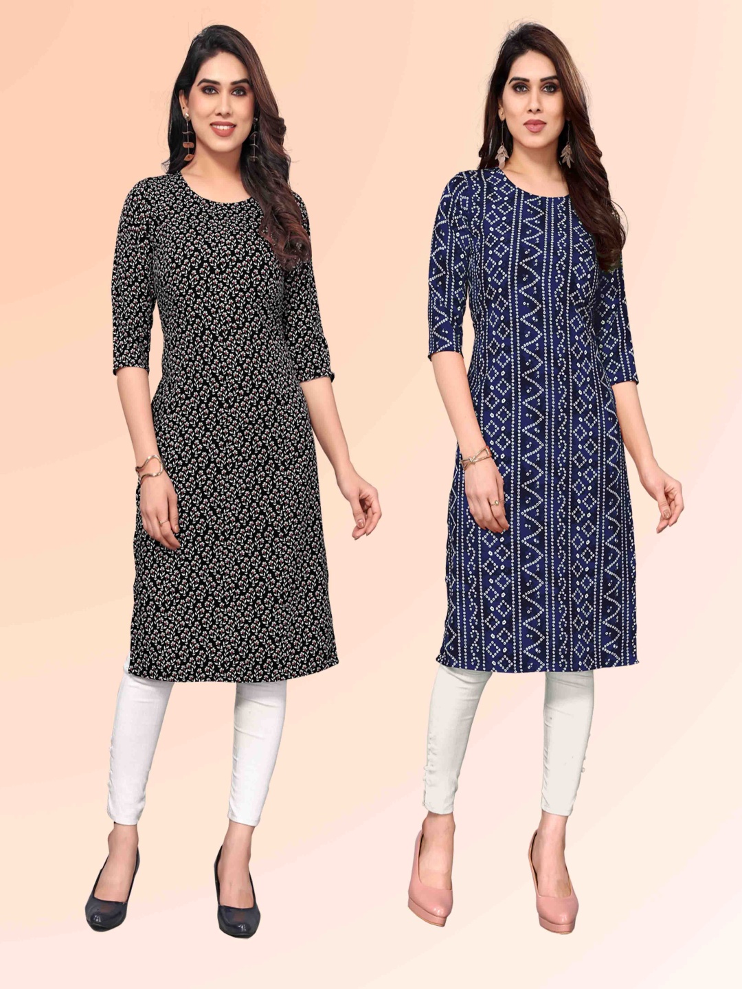 

KETAKI FASHION Selection Of 2 Floral Printed Round Neck Straight Kurtas, Black