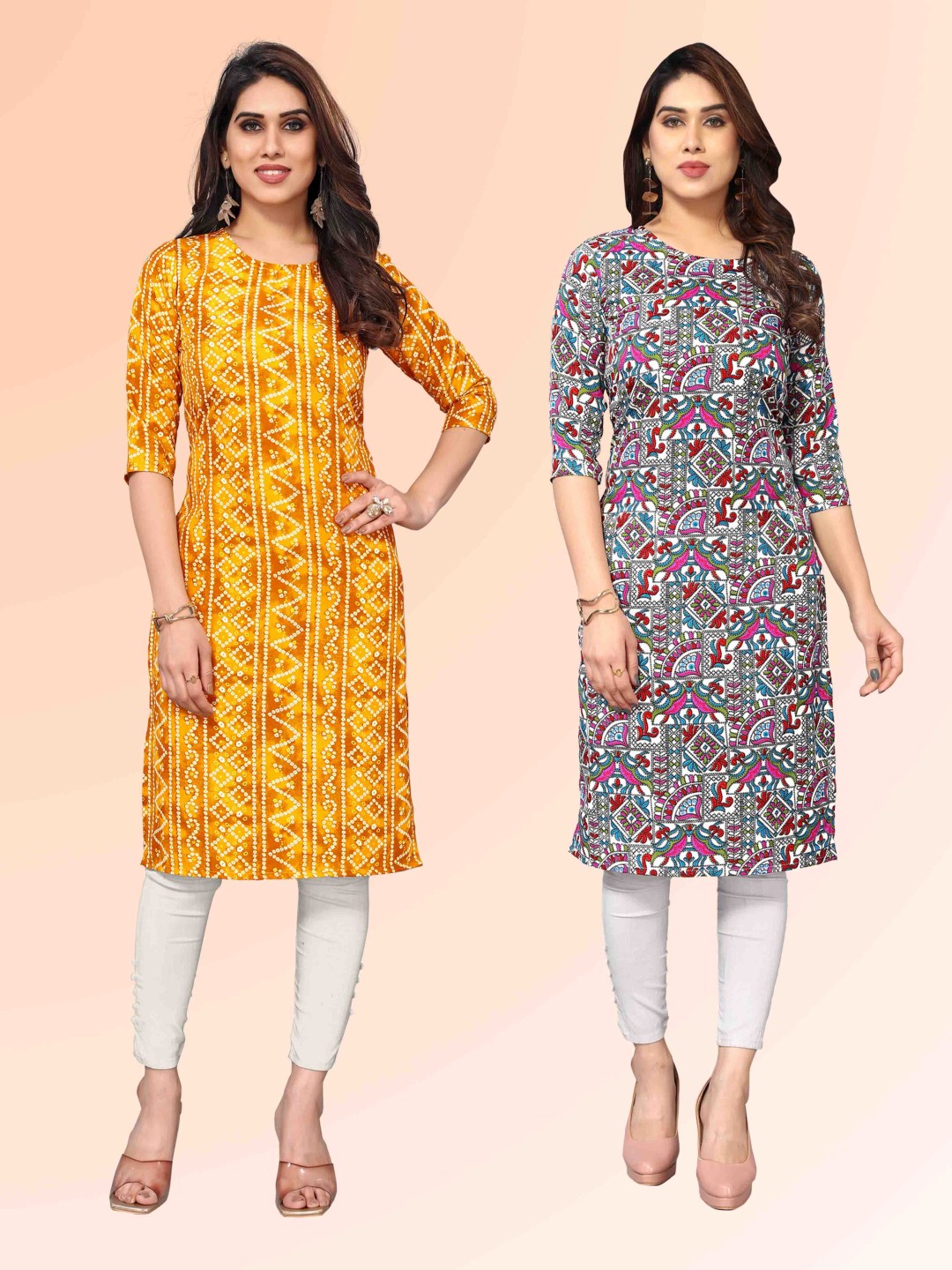 

KETAKI FASHION Selection Of 2 Geometric Printed Round Neck Straight Kurtas, Yellow