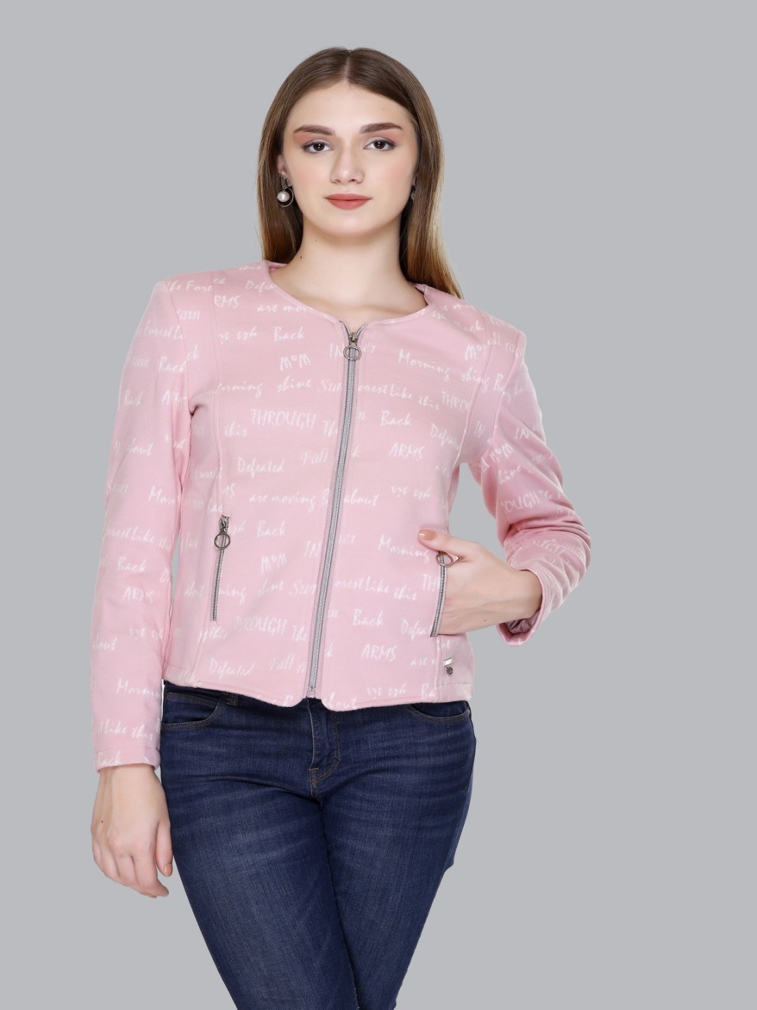

DIONA Women Collarless Graphic Printed Cotton Casual Tailored Jacket, Pink
