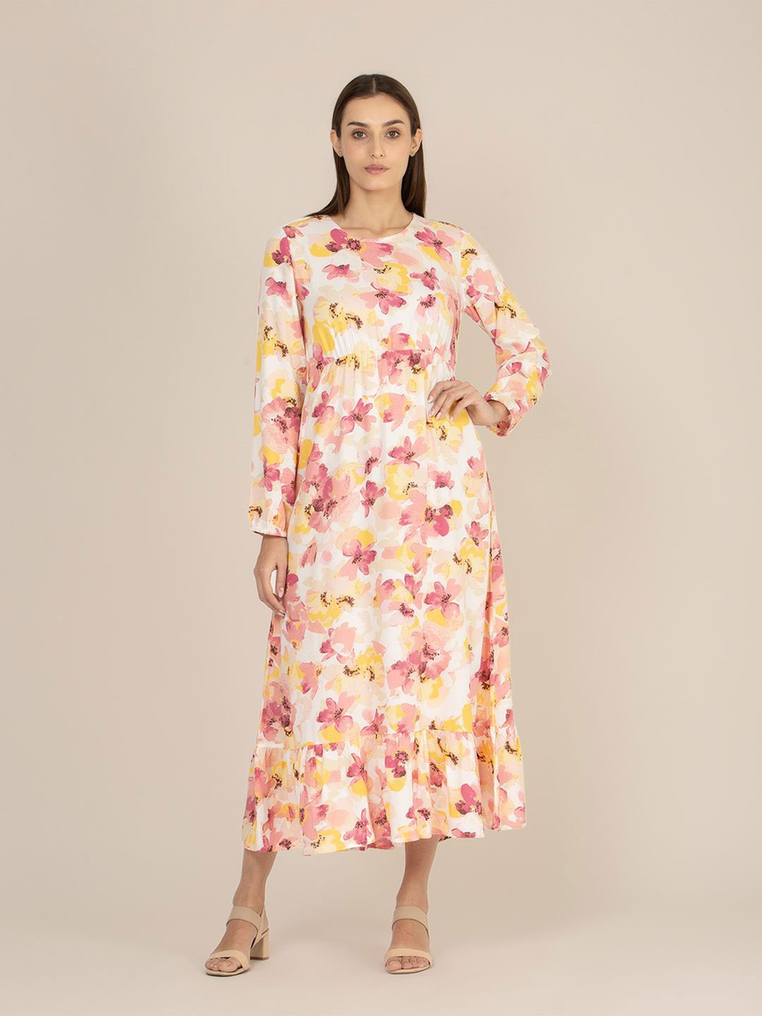 

AMSWAN Floral Print Puff Sleeve A-Line Maxi Dress, Yellow
