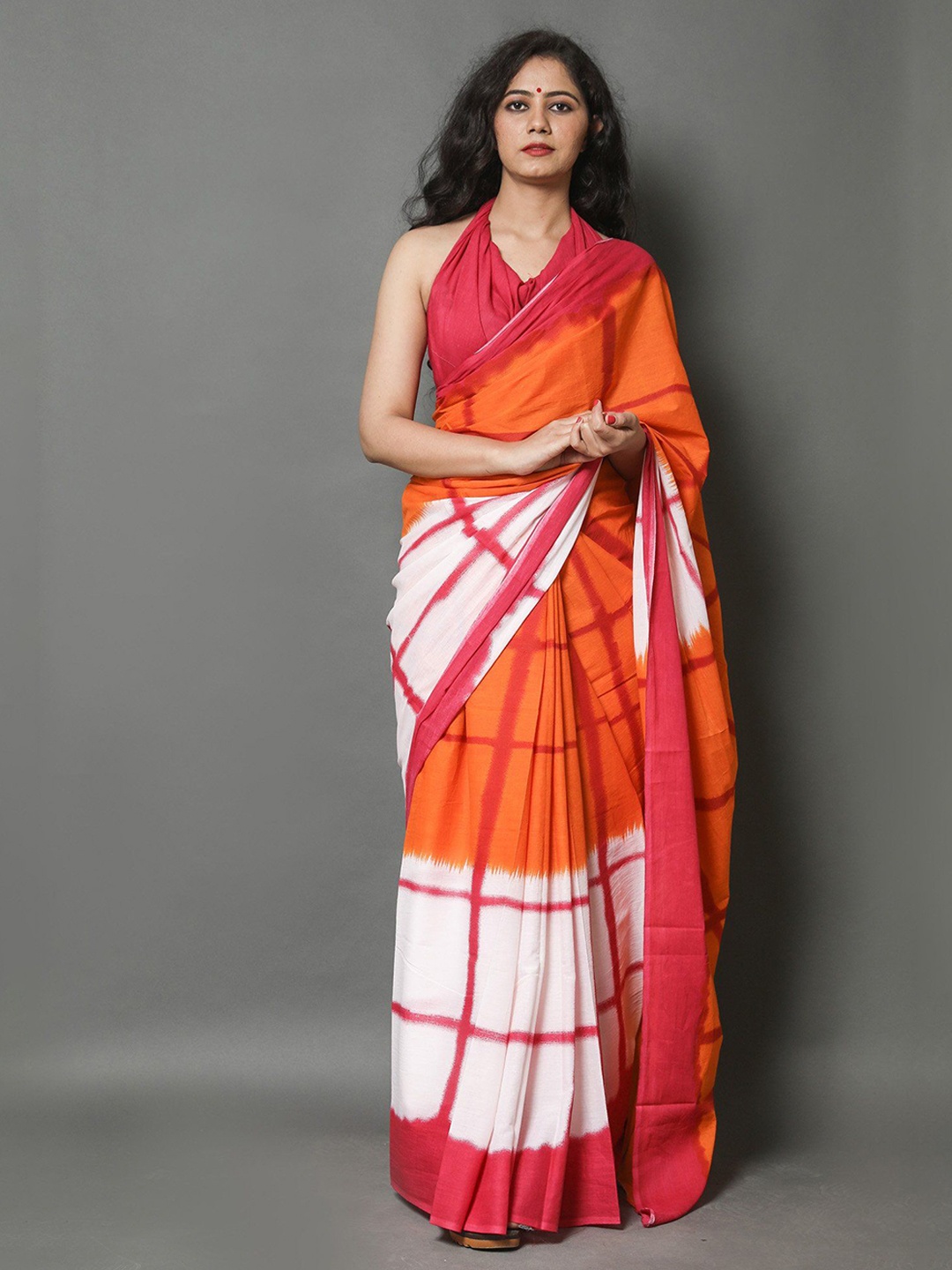 

Craft Musium Floral Pure Cotton Bagru Saree, Orange